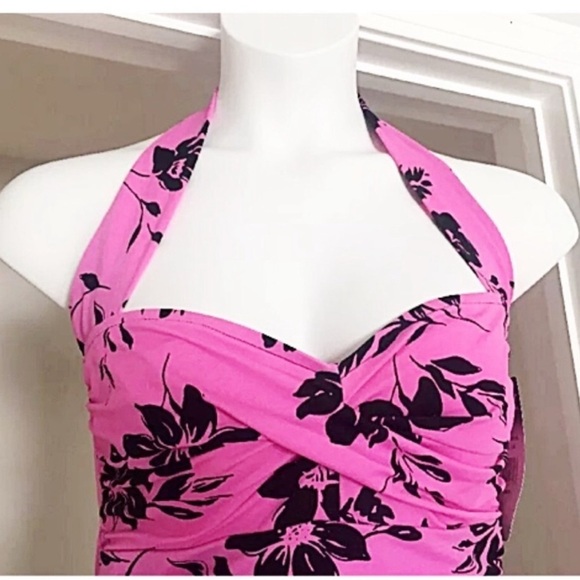 SLIMSHAPER Pink Black 1 Piece Halter Sheered Front control panel Size 16 - Picture 3 of 11